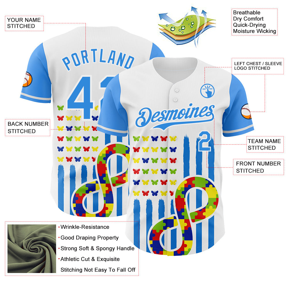 Custom White-Electric Blue Autism Awareness Support Puzzle Infinity Butterfly Authentic Baseball Jersey