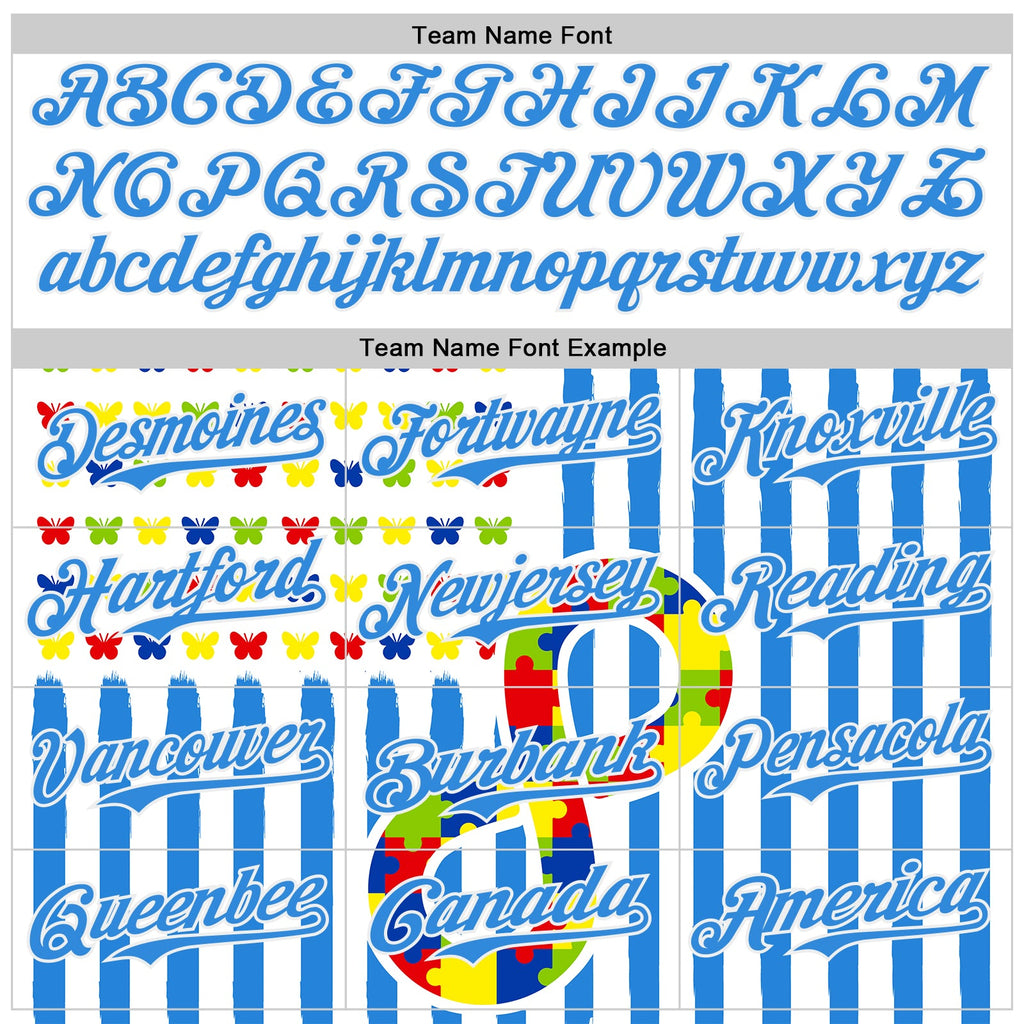 Custom White-Electric Blue Autism Awareness Support Puzzle Infinity Butterfly Authentic Baseball Jersey