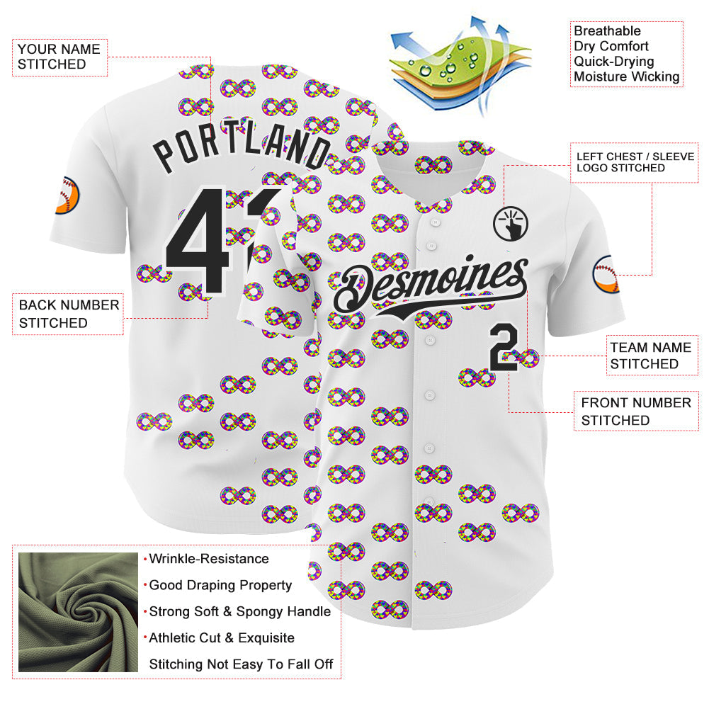 Custom White-Black Autism Acceptance Puzzle Infinity Authentic Baseball Jersey
