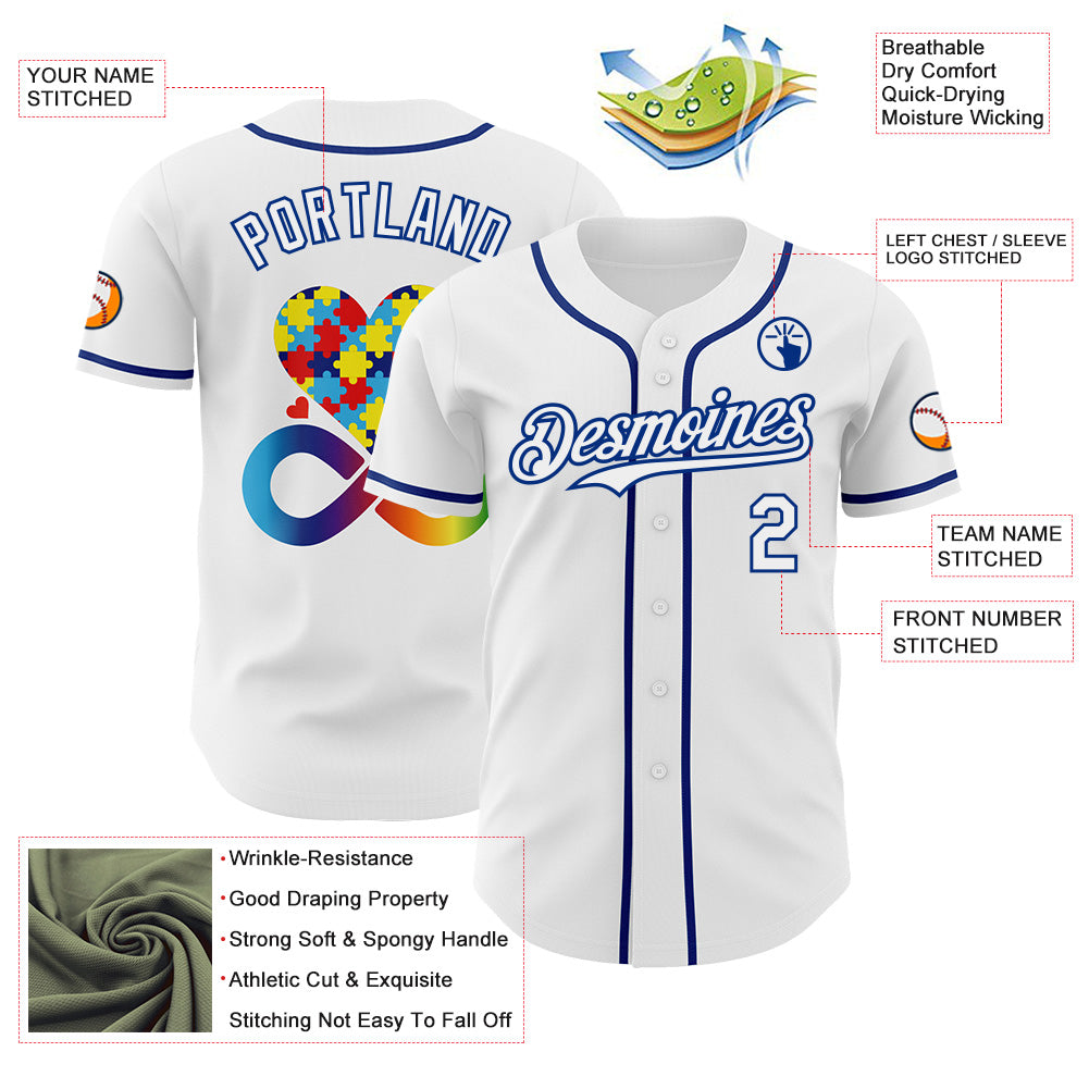 Custom White-Royal Autism Acceptance Puzzle Infinity Heart & Rainbow Authentic Baseball Jersey