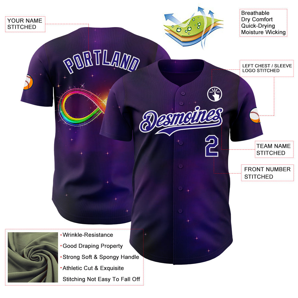 Custom Purple Dark Purple-White Autism Acceptance Rainbow Infinity Authentic Baseball Jersey