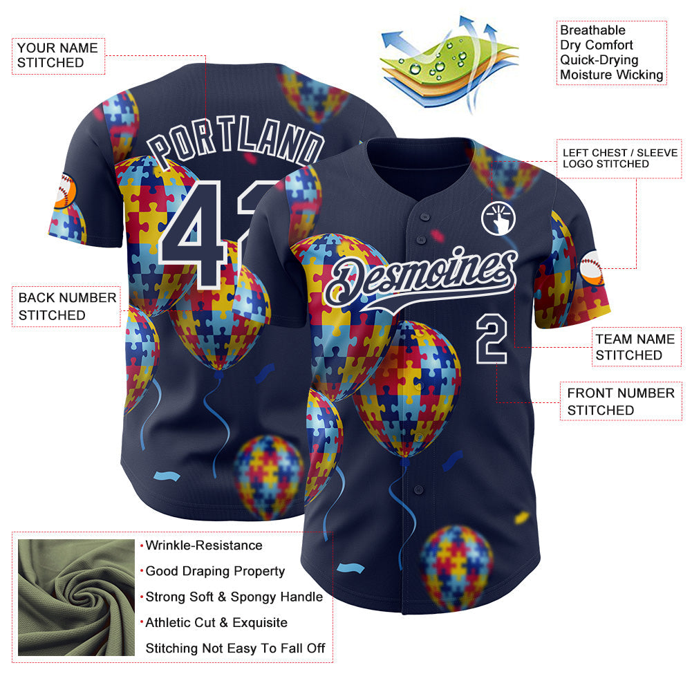 Custom Navy-White Autism Awareness Support Puzzle Infinity Balloon Authentic Baseball Jersey
