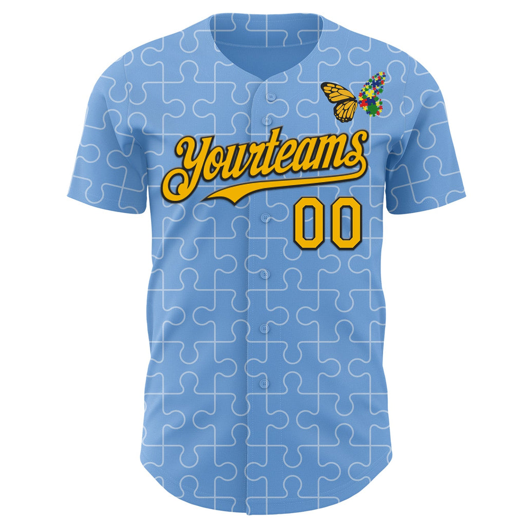 Custom Light Blue Gold-Black Autism Awareness Support Puzzle Infinity Butterfly Authentic Baseball Jersey