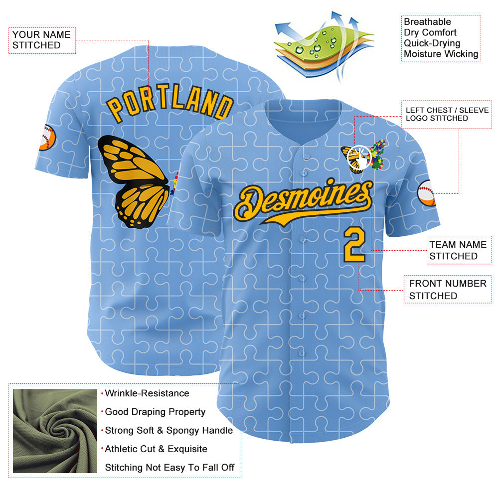 Custom Light Blue Gold-Black Autism Awareness Support Puzzle Infinity Butterfly Authentic Baseball Jersey