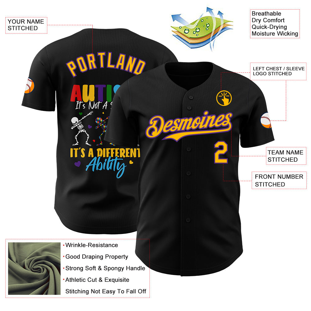 Custom Black Gold-Purple Autism Awareness Support Puzzle Infinity Authentic Baseball Jersey