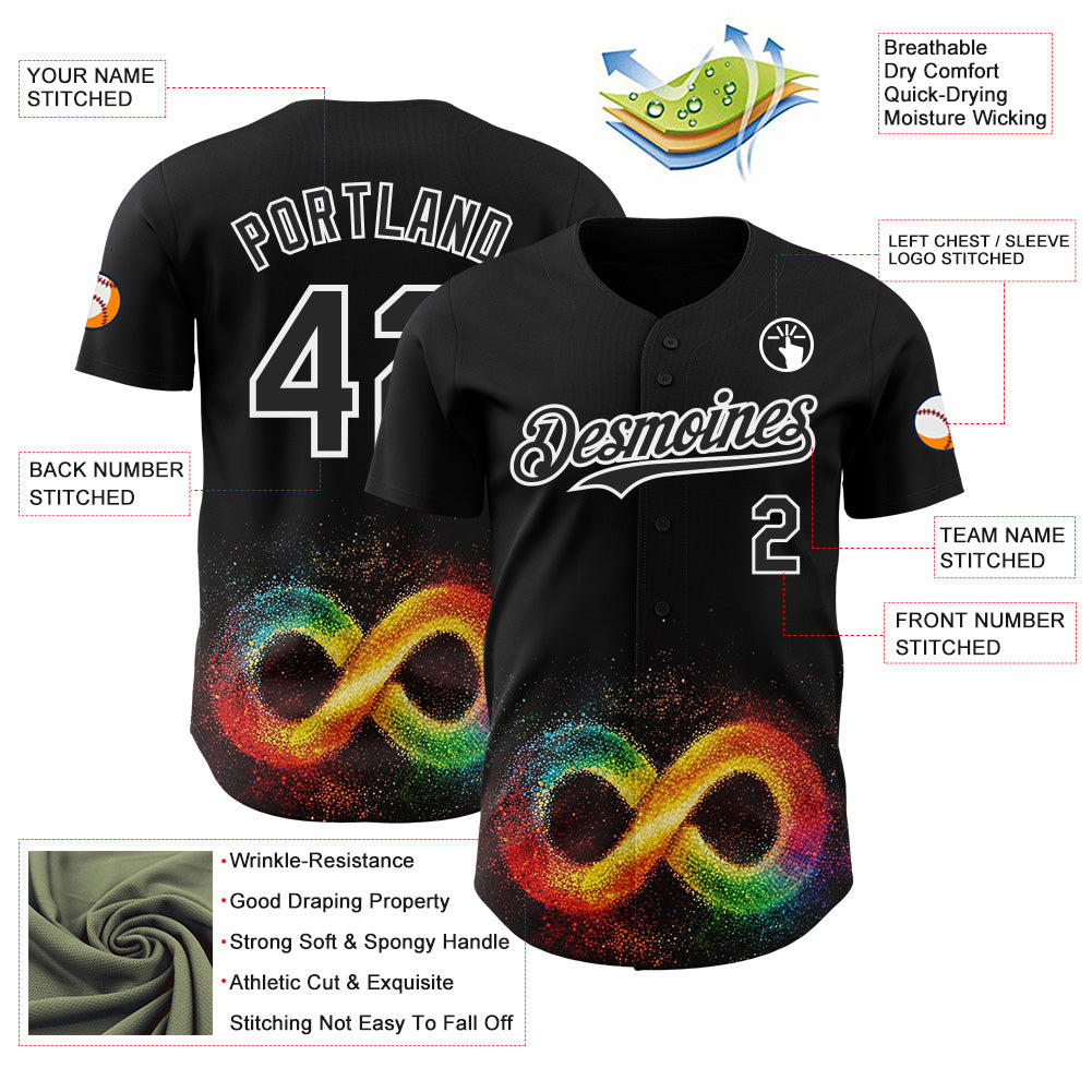 Custom Black-White Autism Acceptance Rainbow Infinity Authentic Baseball Jersey