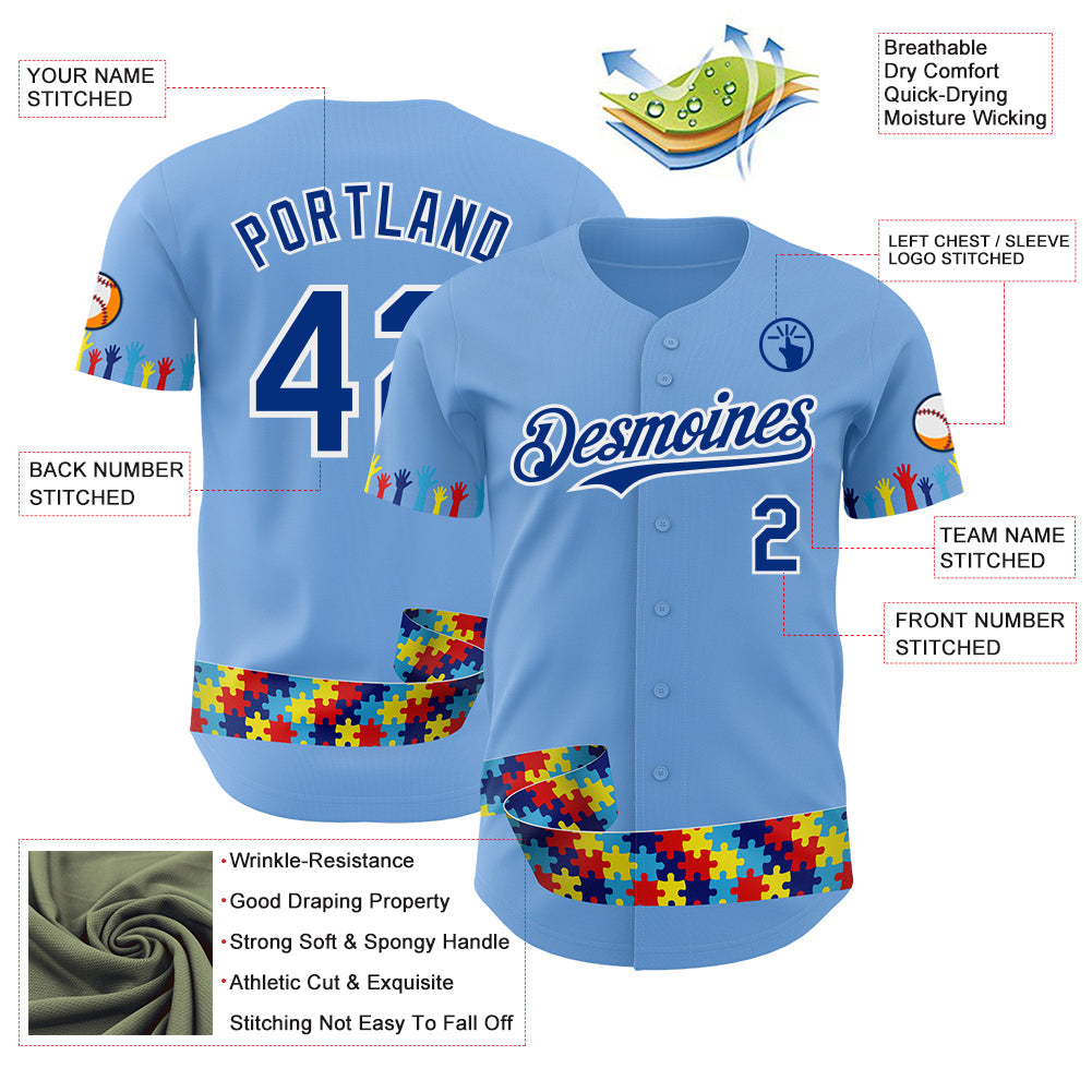 Custom Light Blue Royal-White Autism Awareness Support Puzzle Infinity Authentic Baseball Jersey