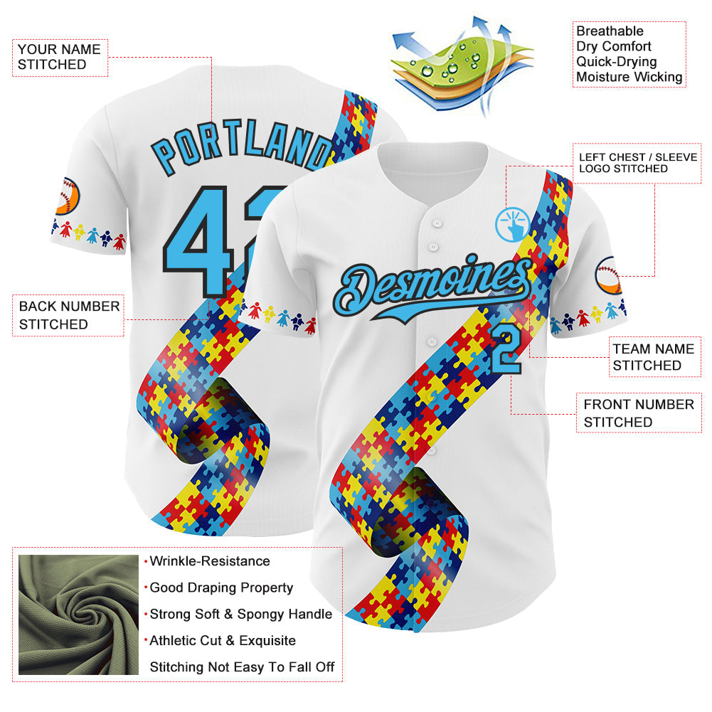 Custom White Sky Blue-Black Autism Awareness Support Puzzle Infinity Authentic Baseball Jersey
