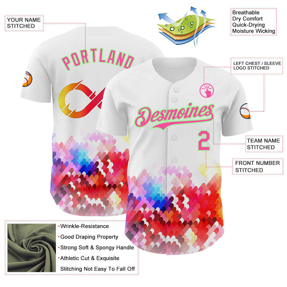 Custom White Pink-Pea Green Autism Acceptance Rainbow Infinity Authentic Baseball Jersey