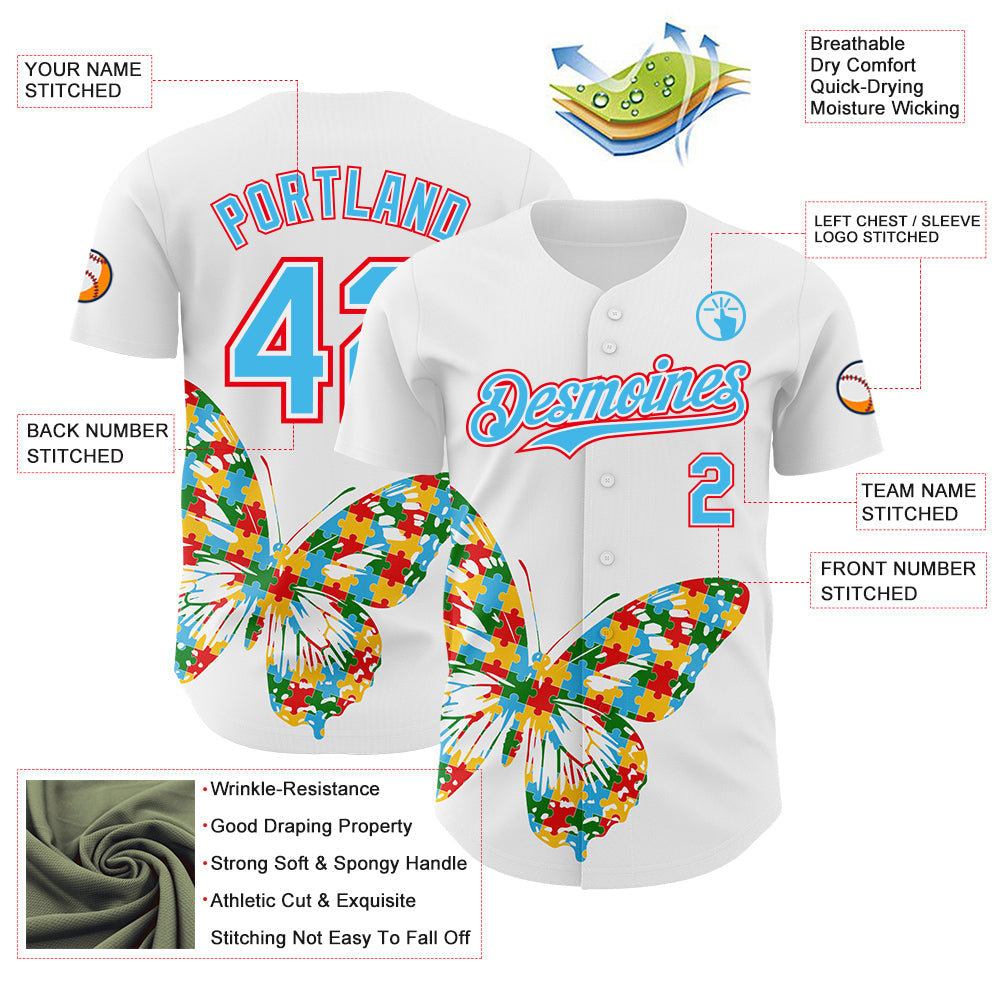 Custom White Sky Blue-Fire Red Autism Awareness Puzzle Infinity Butterfly Authentic Baseball Jersey