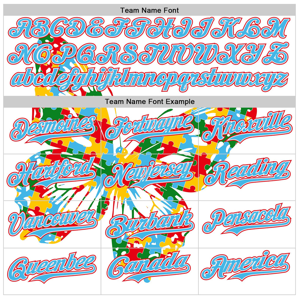 Custom White Sky Blue-Fire Red Autism Awareness Puzzle Infinity Butterfly Authentic Baseball Jersey