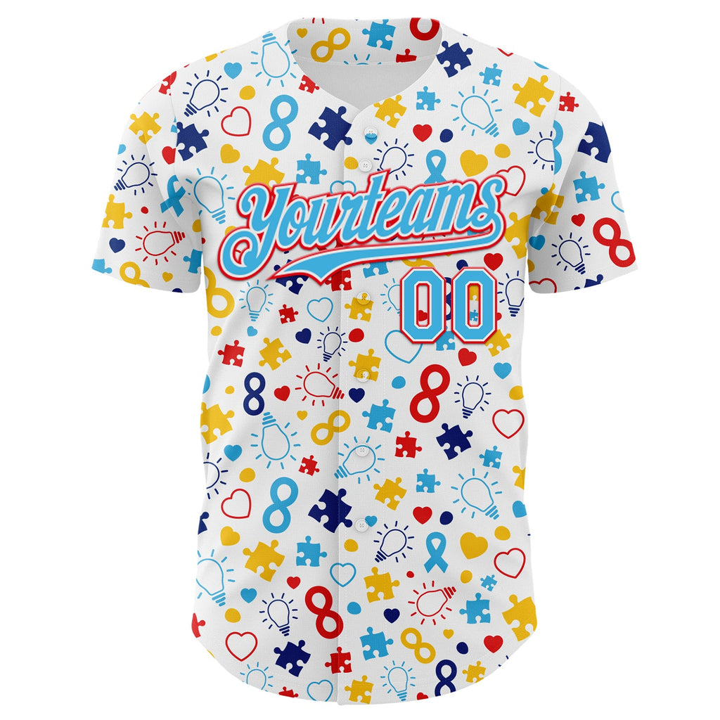 Custom White Sky Blue-Fire Red Autism Awareness Puzzle Infinity Authentic Baseball Jersey