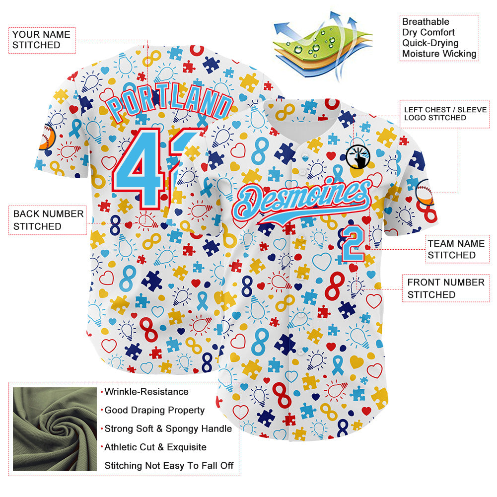 Custom White Sky Blue-Fire Red Autism Awareness Puzzle Infinity Authentic Baseball Jersey