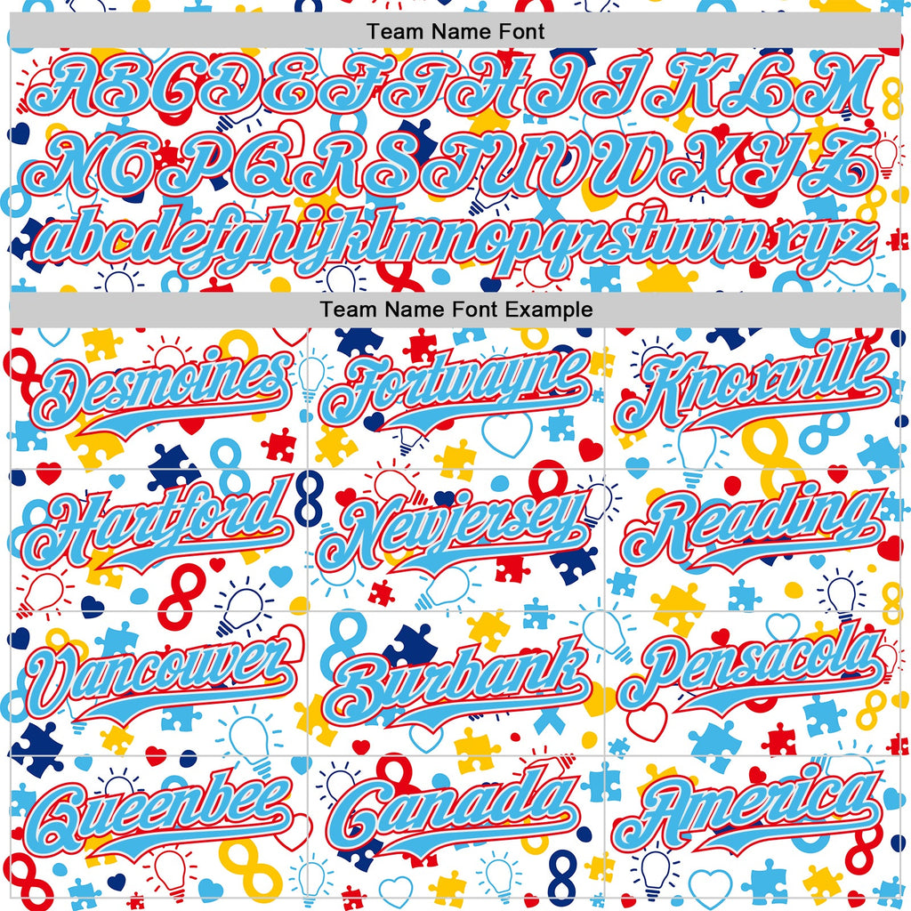 Custom White Sky Blue-Fire Red Autism Awareness Puzzle Infinity Authentic Baseball Jersey