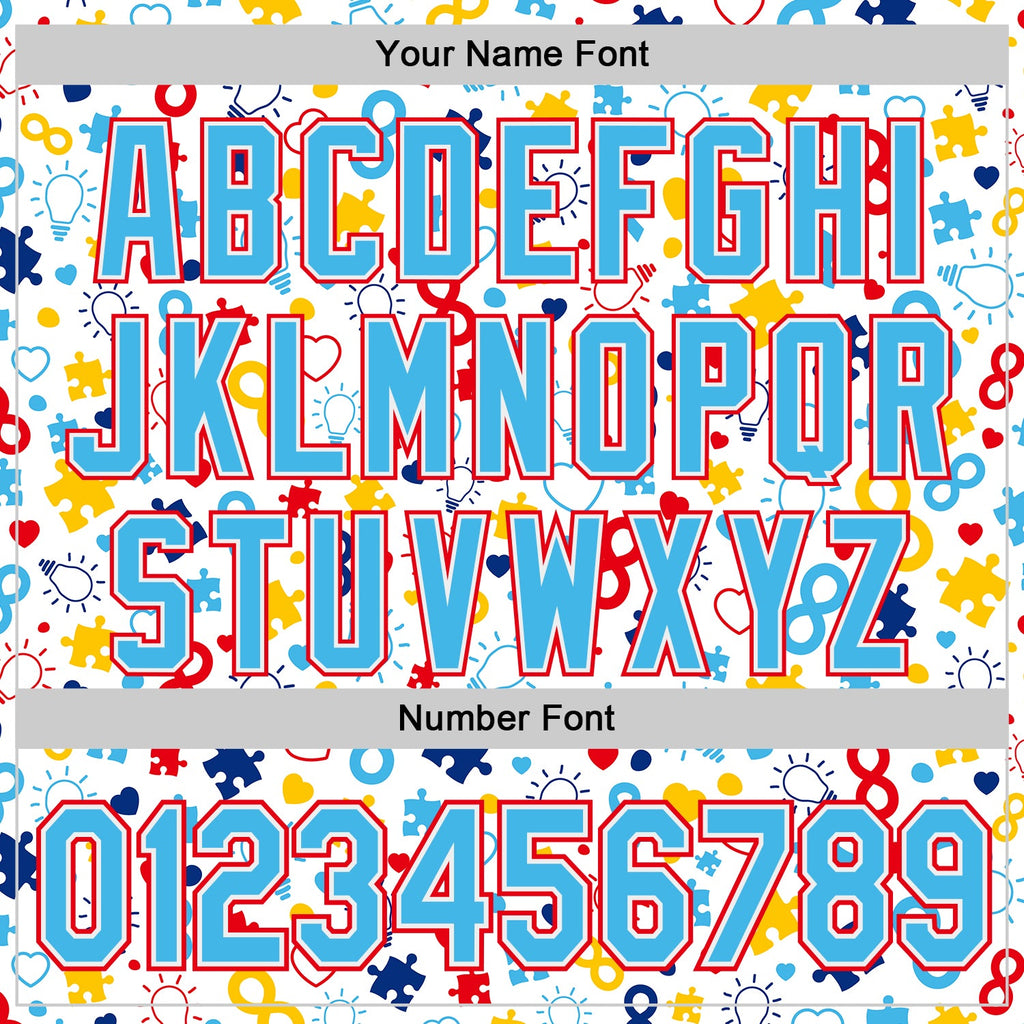 Custom White Sky Blue-Fire Red Autism Awareness Puzzle Infinity Authentic Baseball Jersey