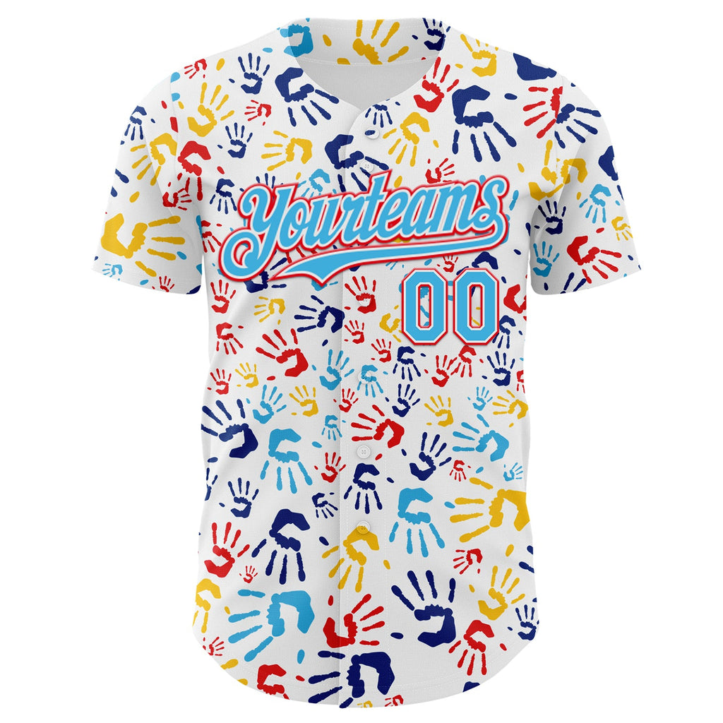 Custom White Sky Blue-Fire Red Autism Acceptance Infinity Handprint Authentic Baseball Jersey