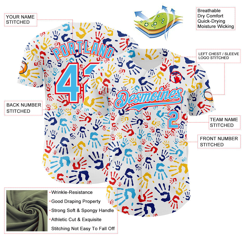 Custom White Sky Blue-Fire Red Autism Acceptance Infinity Handprint Authentic Baseball Jersey