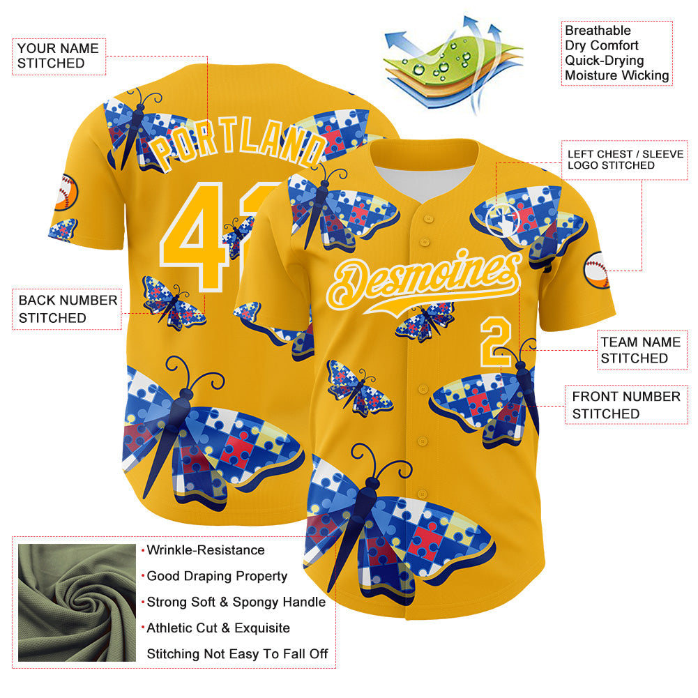 Custom Gold-White Autism Awareness Support Puzzle Infinity Butterfly Authentic Baseball Jersey
