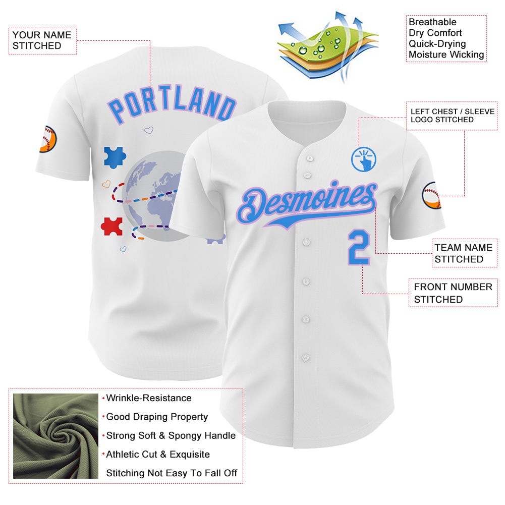 Custom White Electric Blue-Light Purple Autism Awareness Support Authentic Baseball Jersey