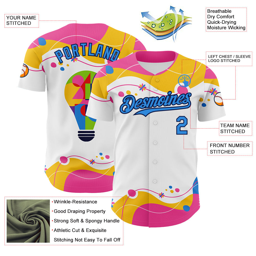 Custom White Electric Blue-Navy Autism Awareness Puzzle Infinity Lightbulb Authentic Baseball Jersey