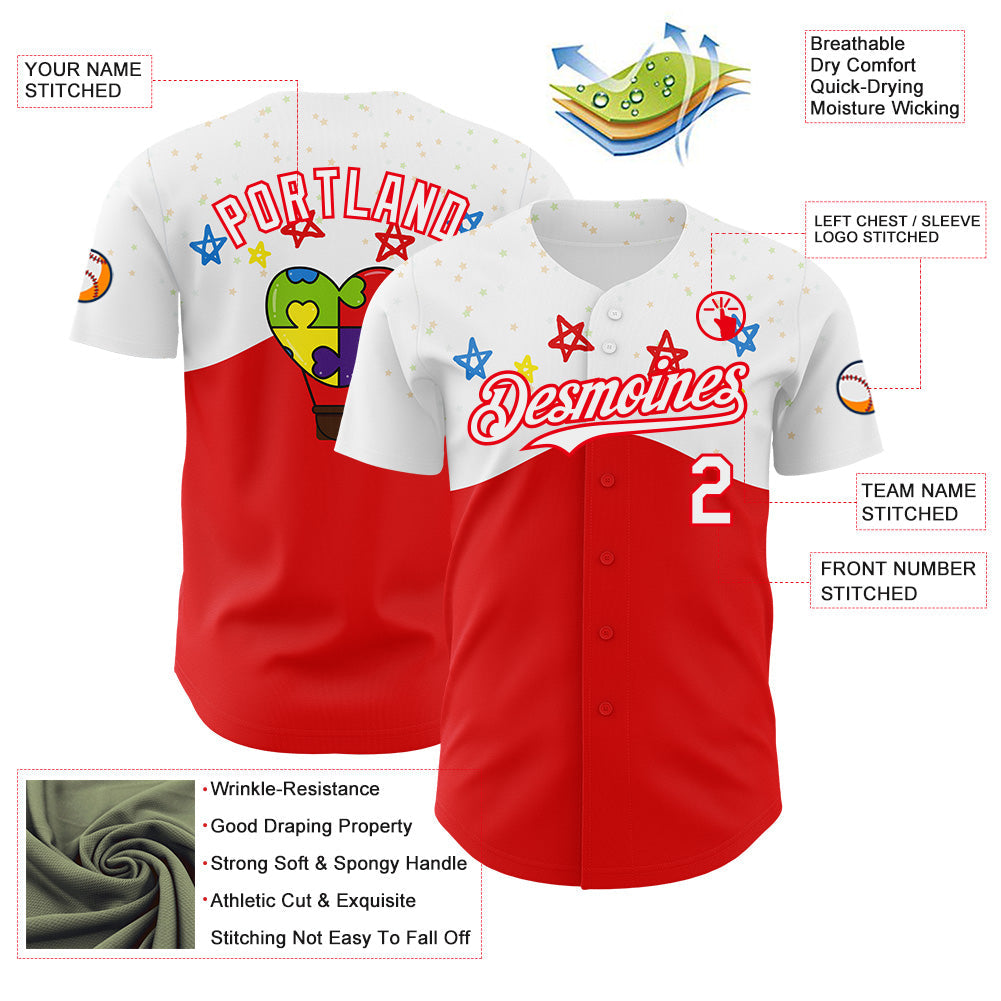 Custom White-Fire Red Autism Awareness Support Puzzle Infinity Authentic Baseball Jersey