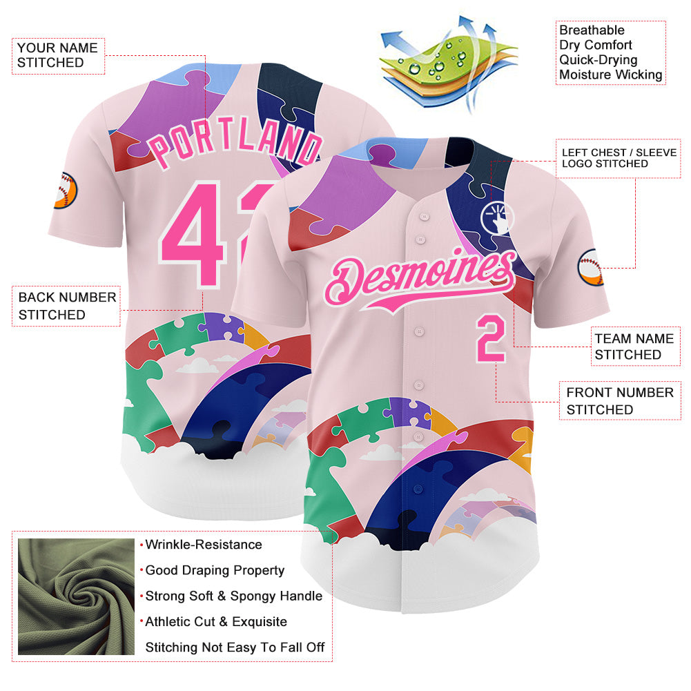 Custom Pink-White Autism Awareness Support Puzzle Infinity Authentic Baseball Jersey