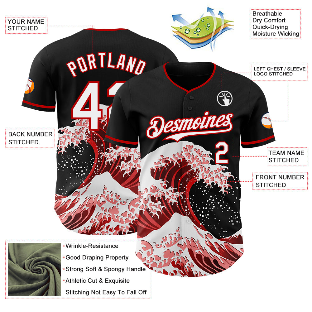 Custom Black White-Red Japanese Wave Authentic Baseball Jersey