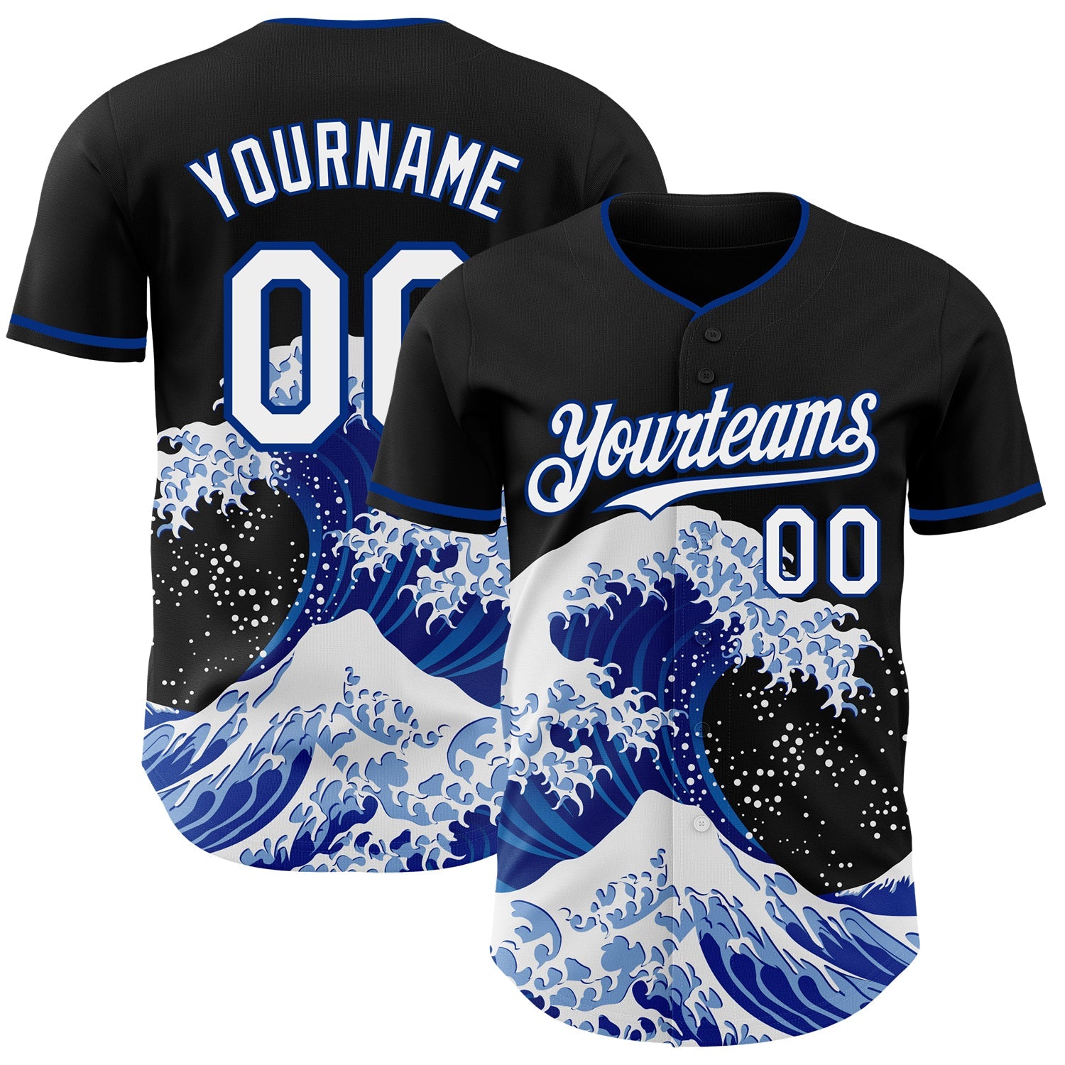 Custom Black White-Royal Japanese Wave Authentic Baseball Jersey