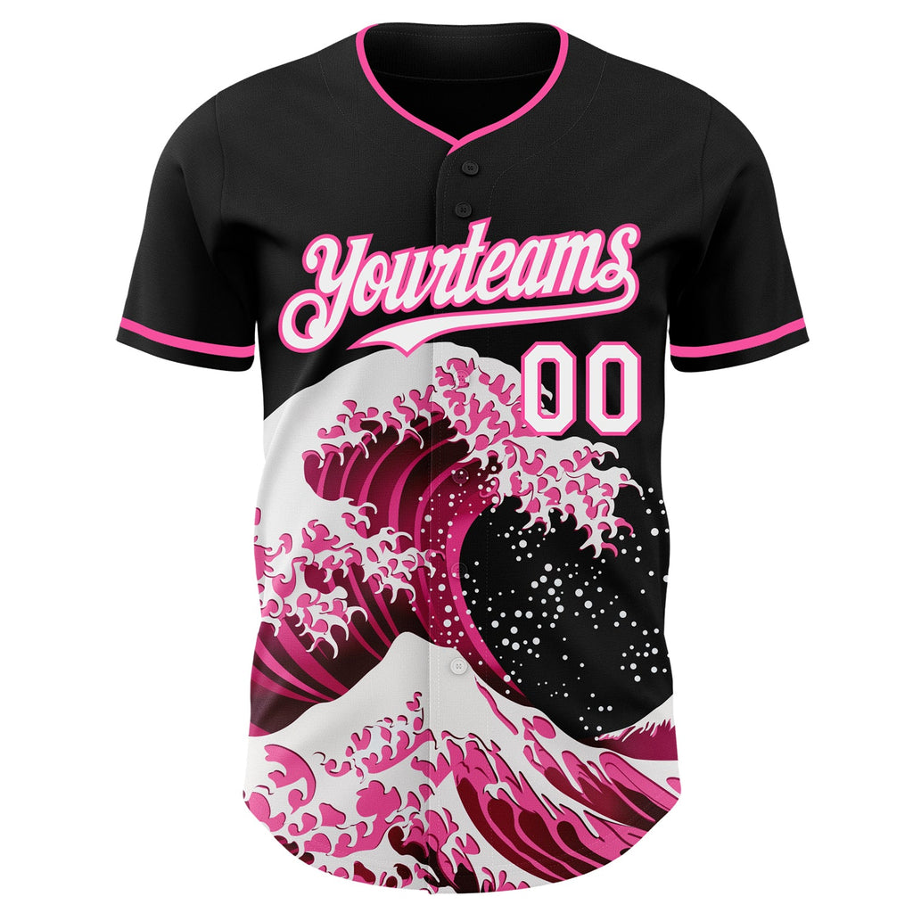 Custom Black White-Pink Japanese Wave Authentic Baseball Jersey