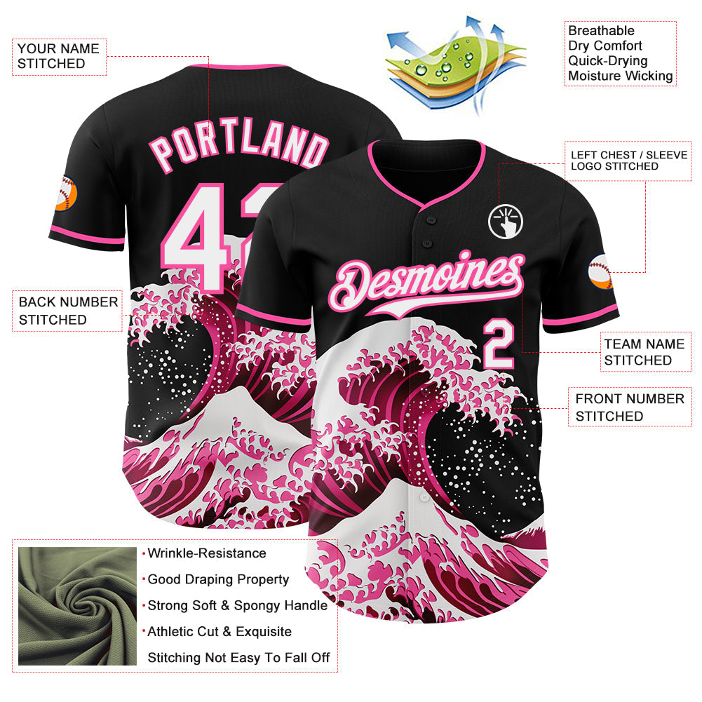 Custom Black White-Pink Japanese Wave Authentic Baseball Jersey