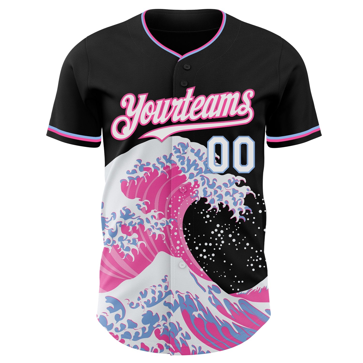 Custom Black White Pink-Light Blue Japanese Wave Authentic Baseball Jersey