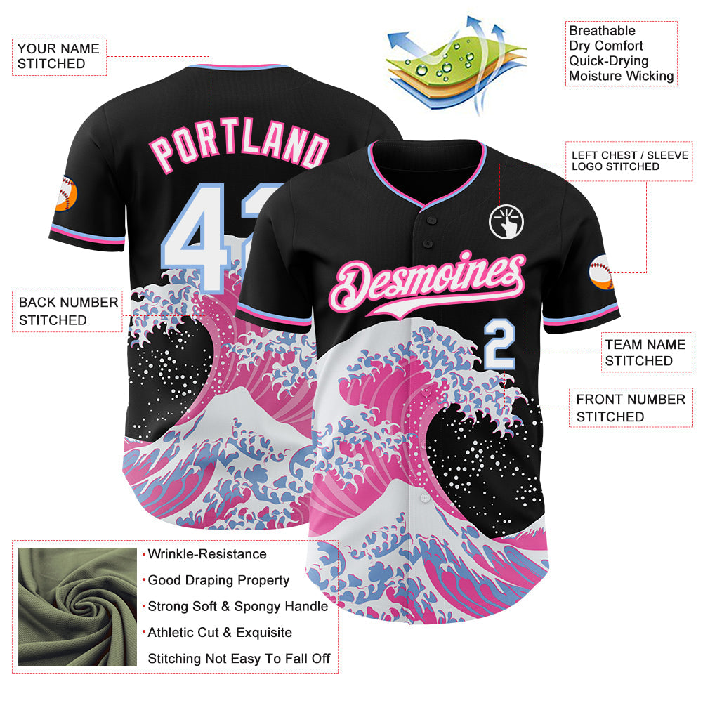 Custom Black White Pink-Light Blue Japanese Wave Authentic Baseball Jersey