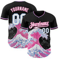 Custom Black White Pink-Light Blue Japanese Wave Authentic Baseball Jersey
