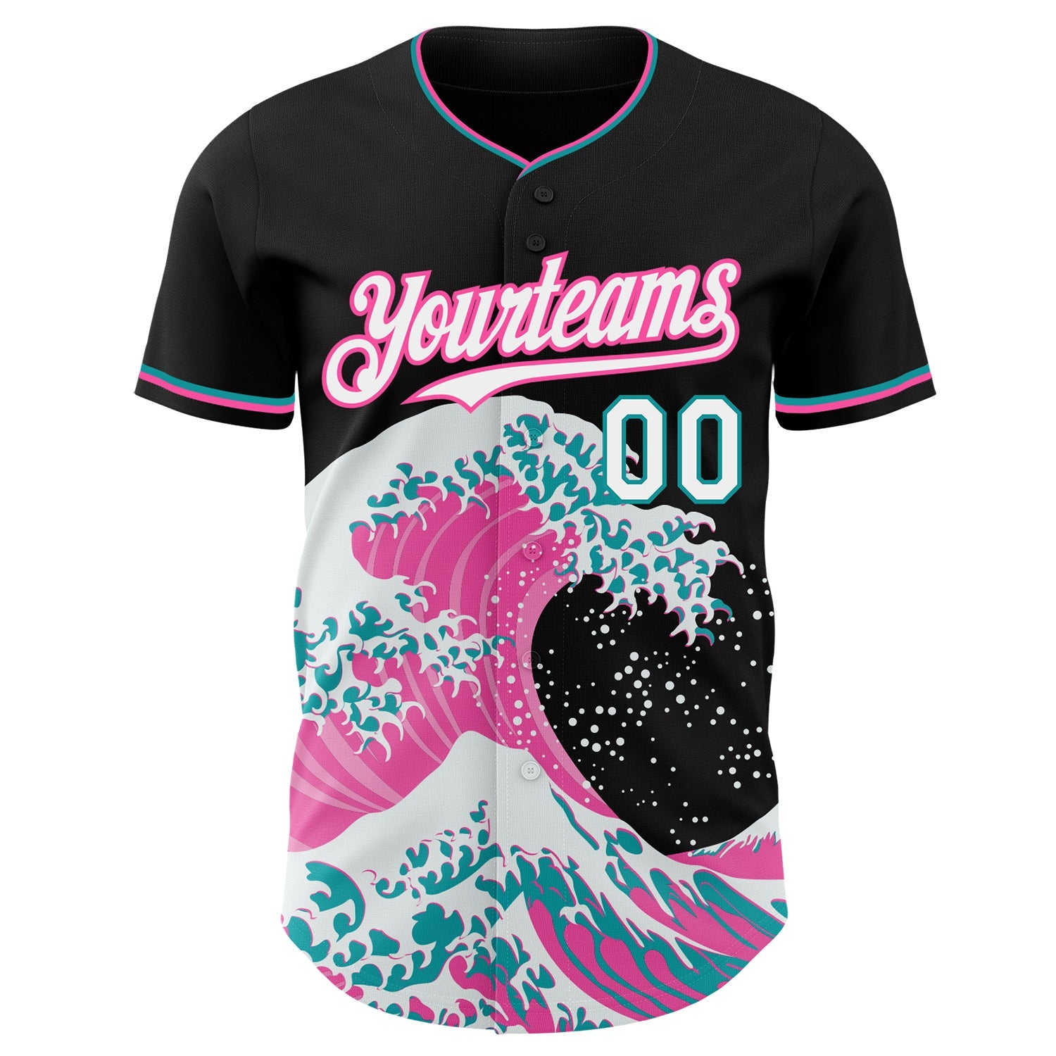Custom Black White Pink-Teal Japanese Wave Authentic Baseball Jersey