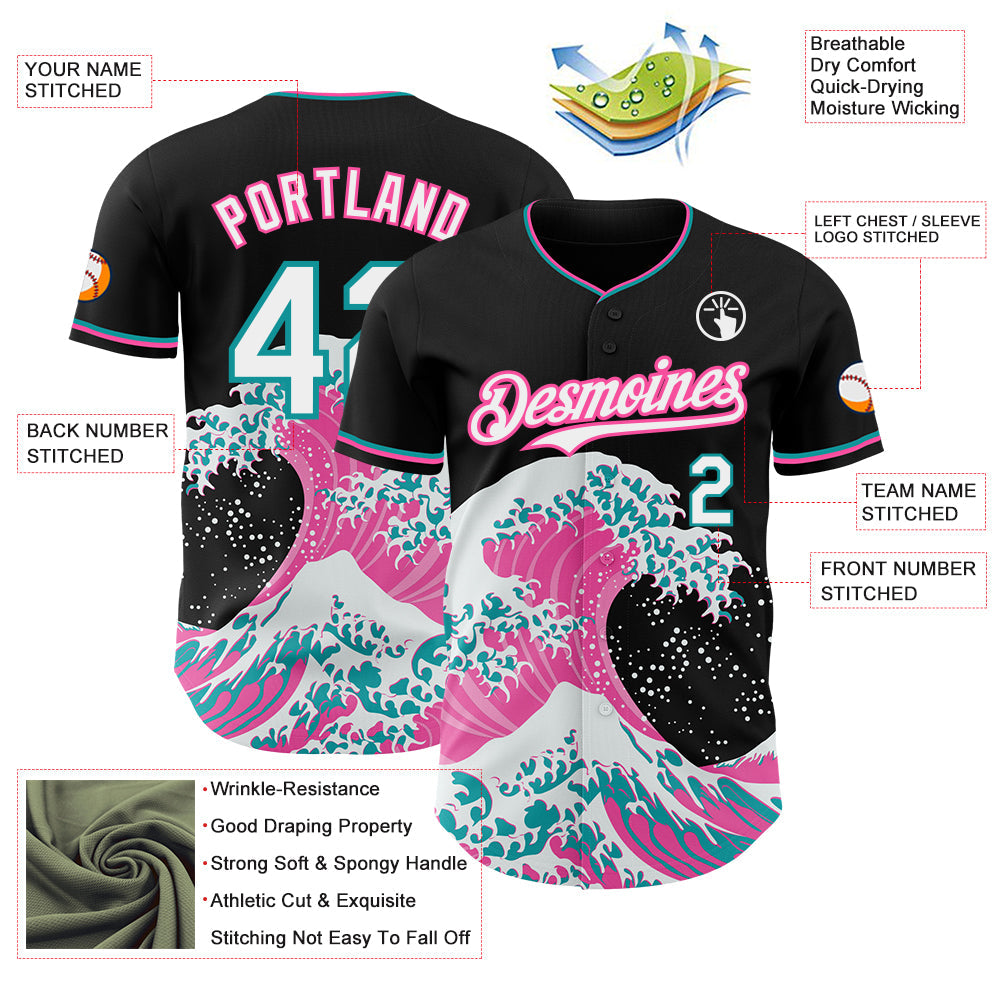 Custom Black White Pink-Teal Japanese Wave Authentic Baseball Jersey