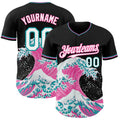 Custom Black White Pink-Teal Japanese Wave Authentic Baseball Jersey