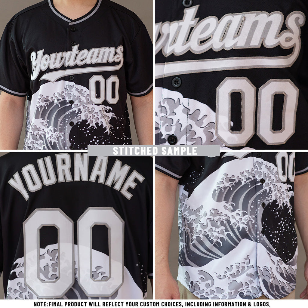 Custom Black White-Gold Japanese Wave Authentic Baseball Jersey