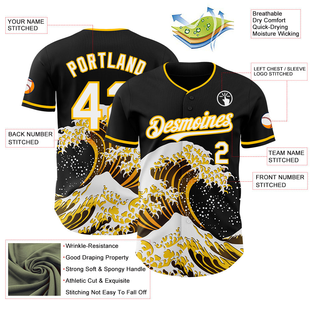 Custom Black White-Gold Japanese Wave Authentic Baseball Jersey
