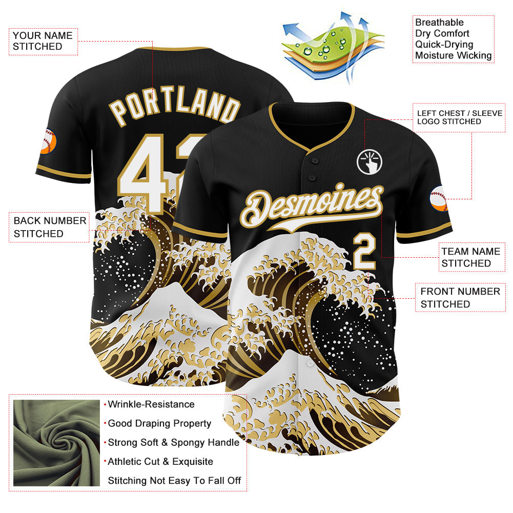 Custom Black White-Old Gold Japanese Wave Authentic Baseball Jersey