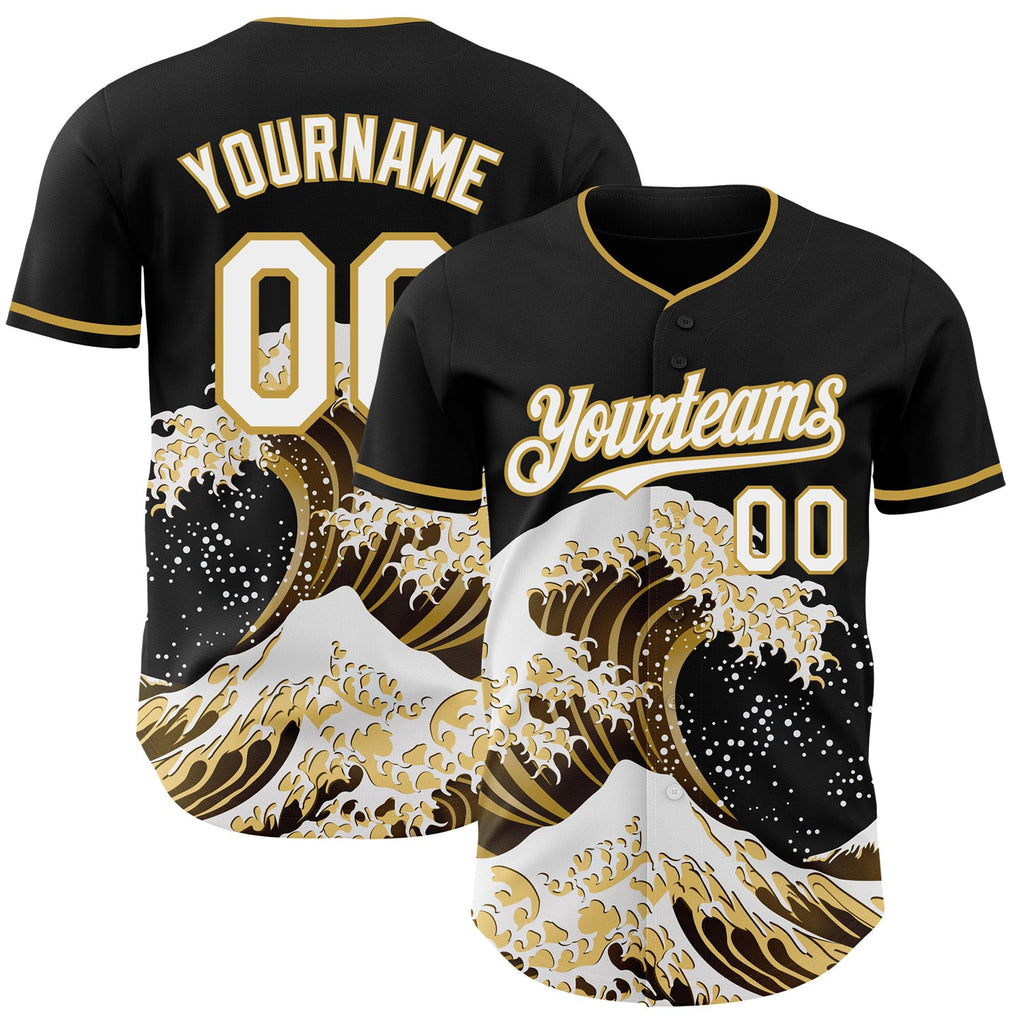Custom Black White-Old Gold Japanese Wave Authentic Baseball Jersey