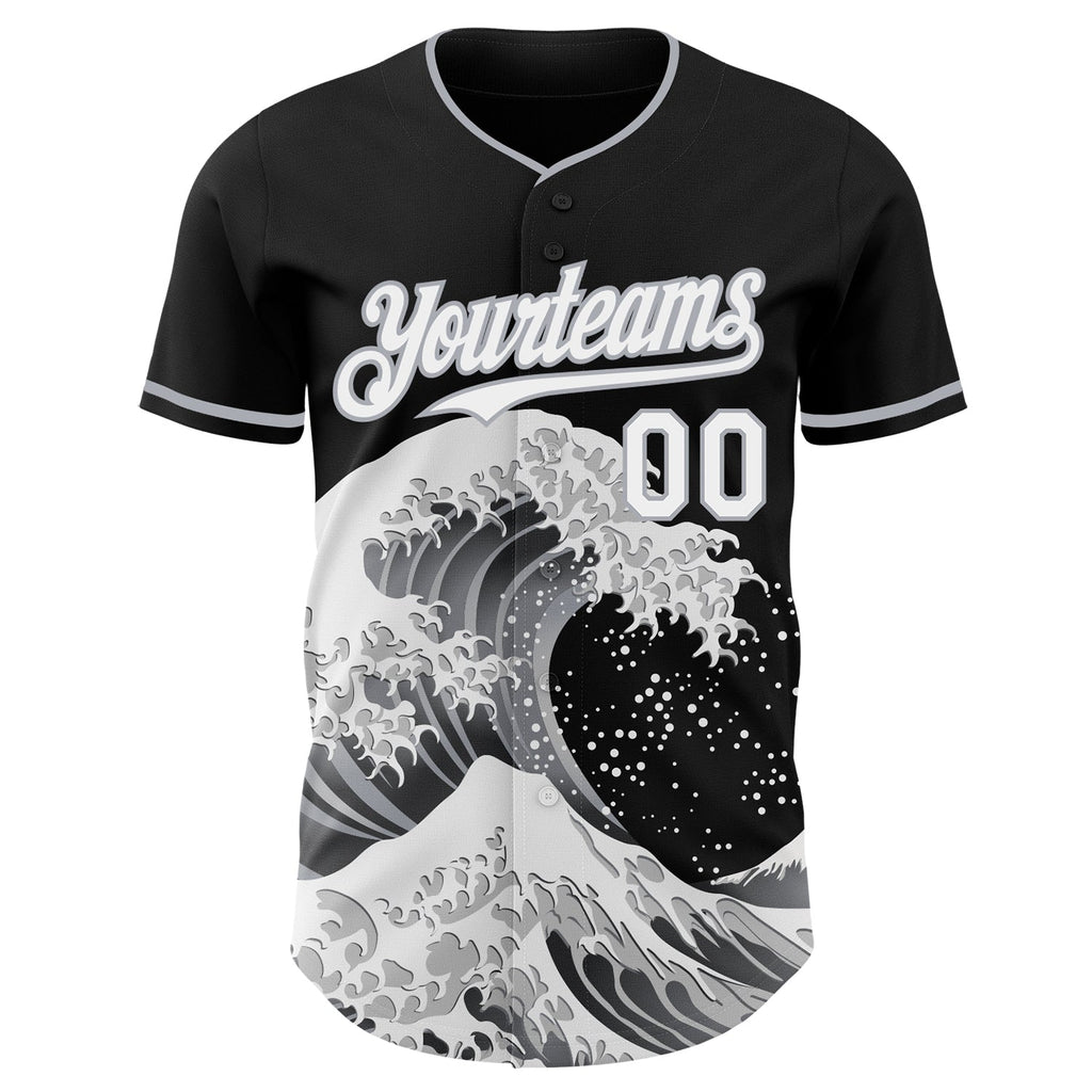 Custom Black White-Gray Japanese Wave Authentic Baseball Jersey