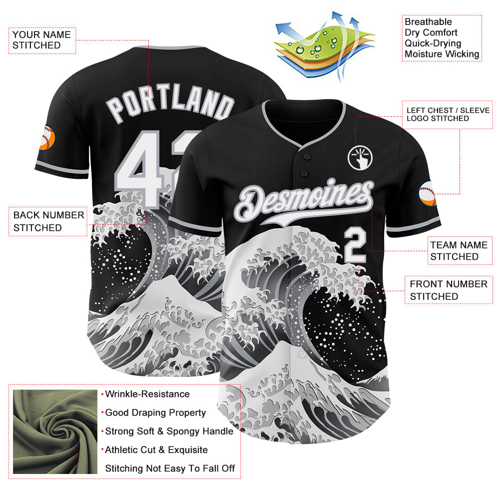 Custom Black White-Gray Japanese Wave Authentic Baseball Jersey