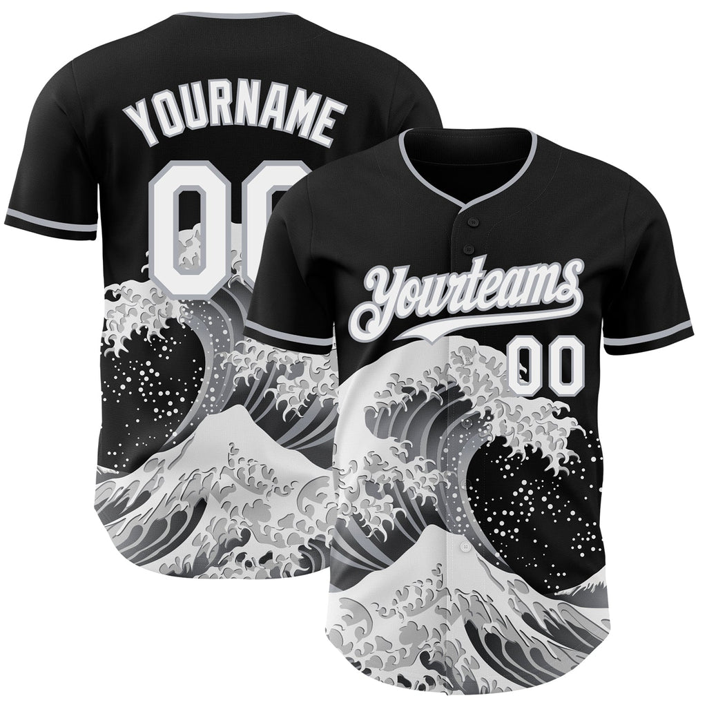 Custom Black White-Gray Japanese Wave Authentic Baseball Jersey