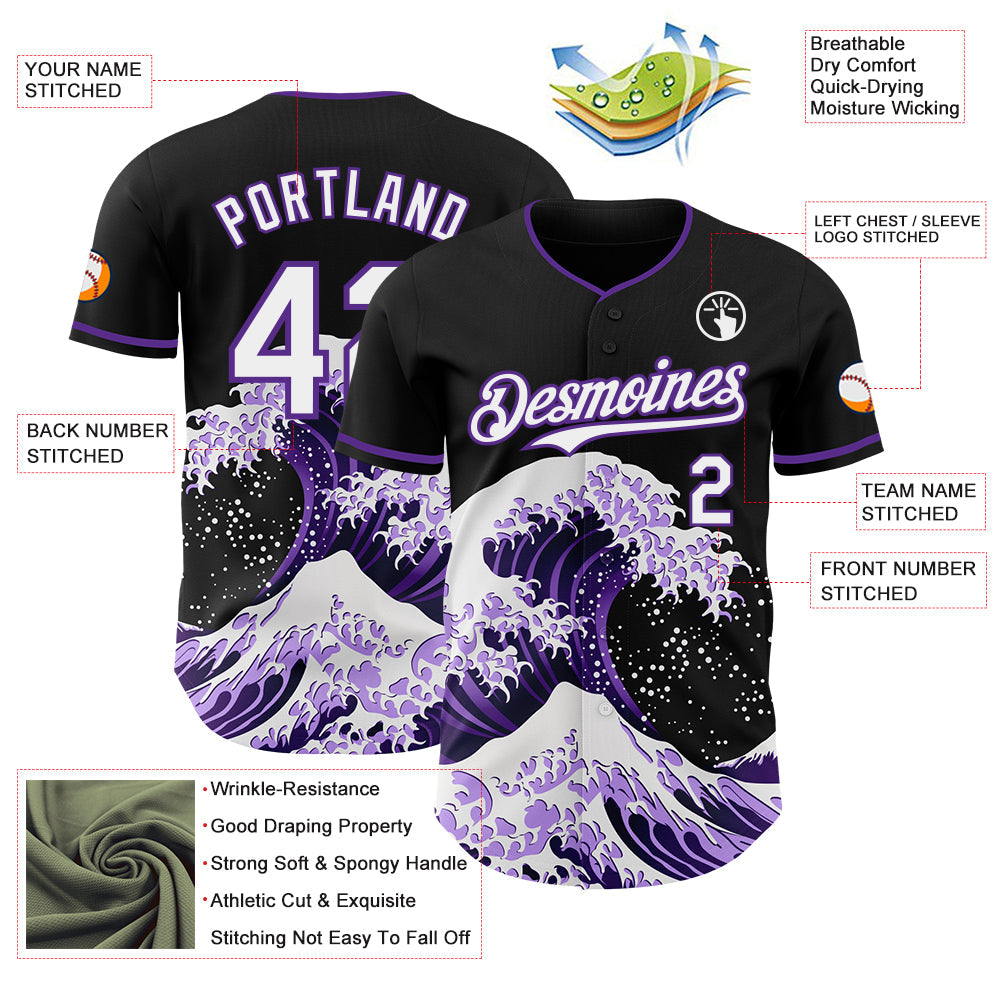 Custom Black White-Purple Japanese Wave Authentic Baseball Jersey