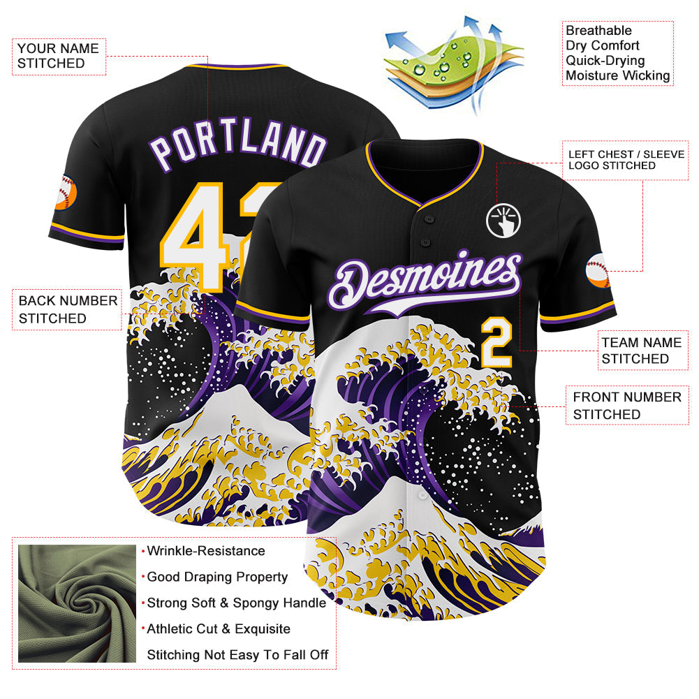 Custom Black White Purple-Gold Japanese Wave Authentic Baseball Jersey