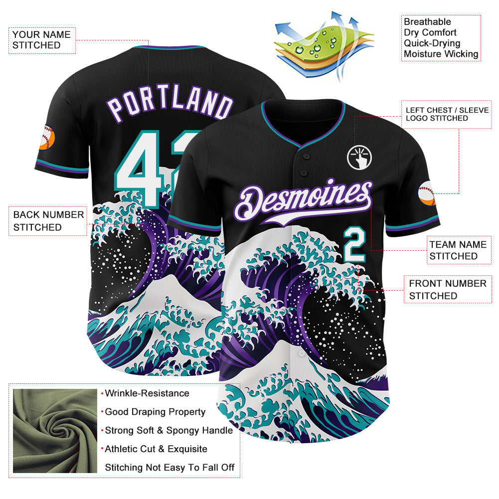 Custom Black White Purple-Teal Japanese Wave Authentic Baseball Jersey