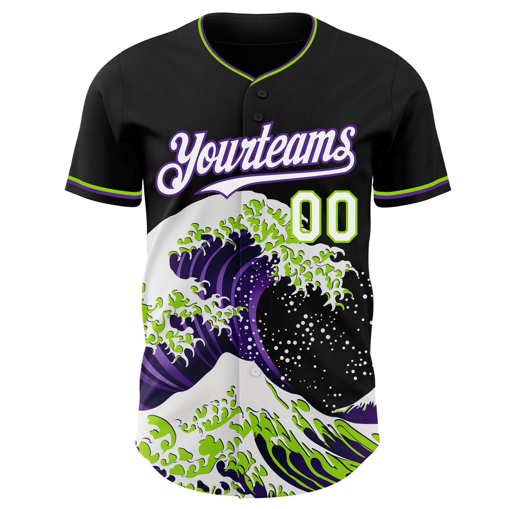 Custom Black White Purple-Neon Green Japanese Wave Authentic Baseball Jersey