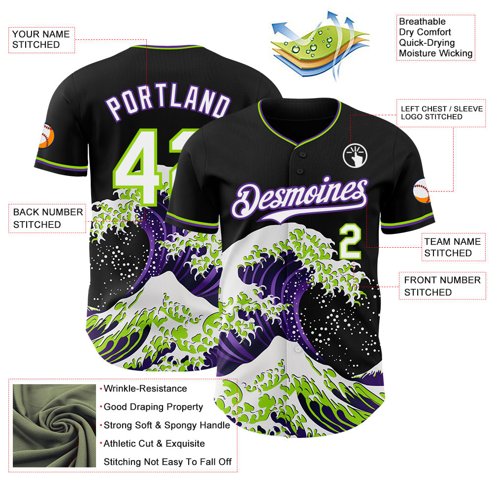Custom Black White Purple-Neon Green Japanese Wave Authentic Baseball Jersey