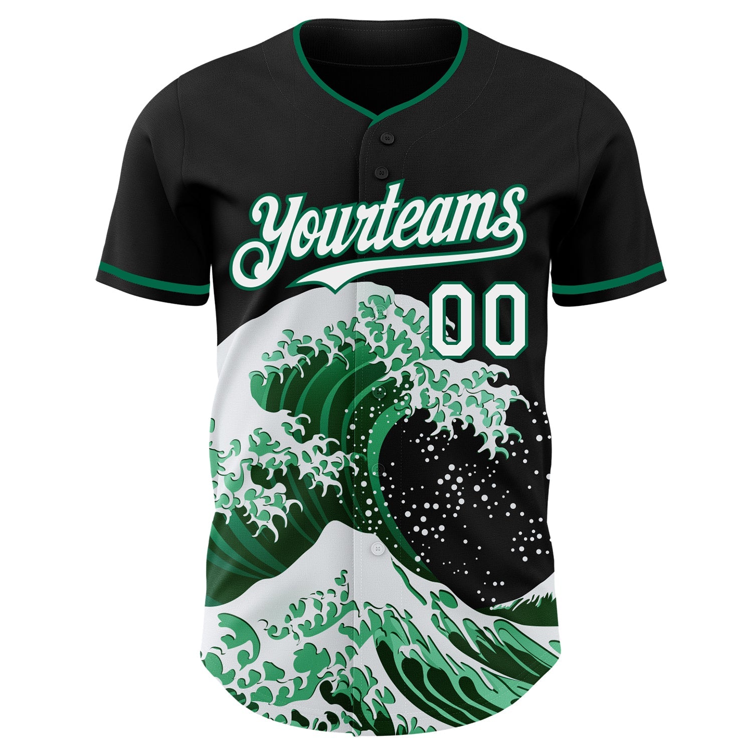 Custom Black White-Kelly Green Japanese Wave Authentic Baseball Jersey