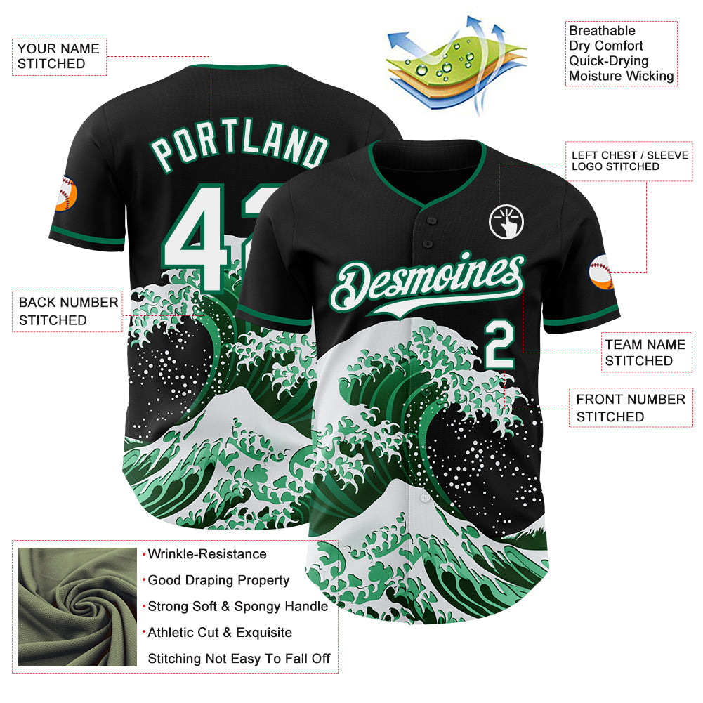 Custom Black White-Kelly Green Japanese Wave Authentic Baseball Jersey